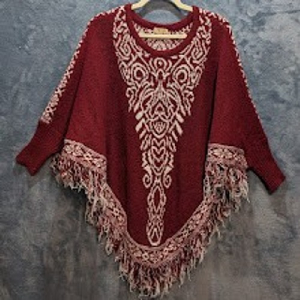 Azz Trading Inc Burgundy Knit Fringe Poncho Damask Jacquard Sweater Women OS